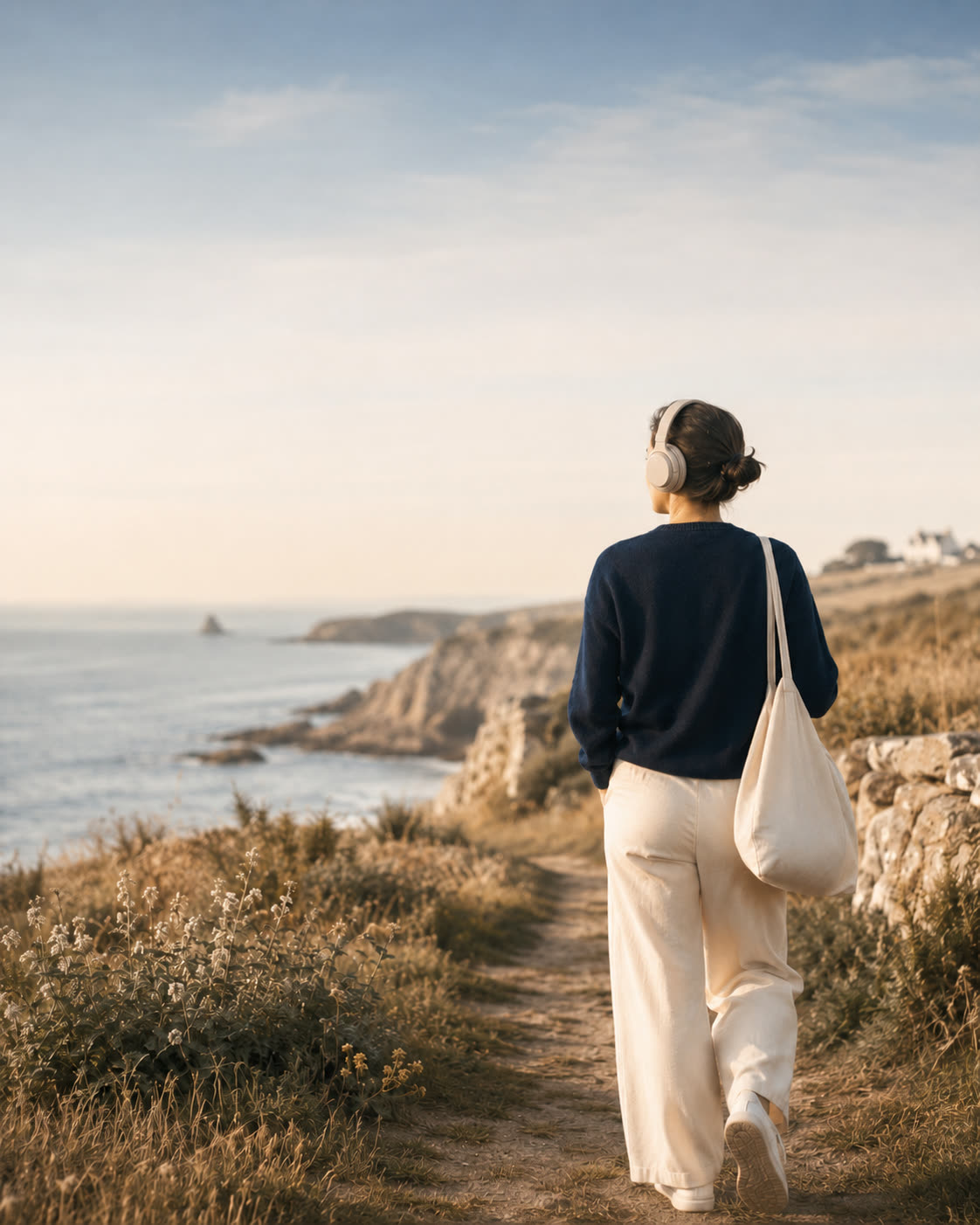 Une personne marche au bord de mer avec un casque audio, lumière douce de fin de journée