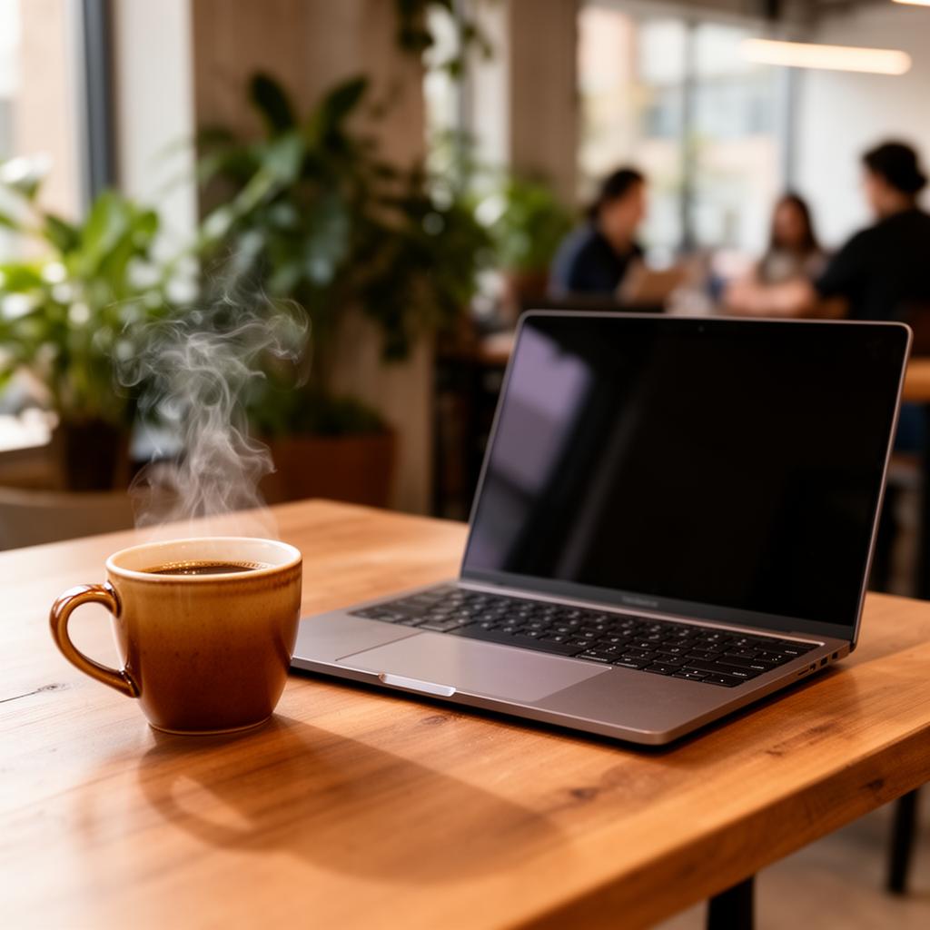 Tasse de café et ordinateur dans un espace de coworking